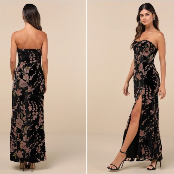 LULU's Floral Sexy Flowy Prom Wedding Chic Velvet Floral Bustier Maxi Dress - Picture 3 of 5